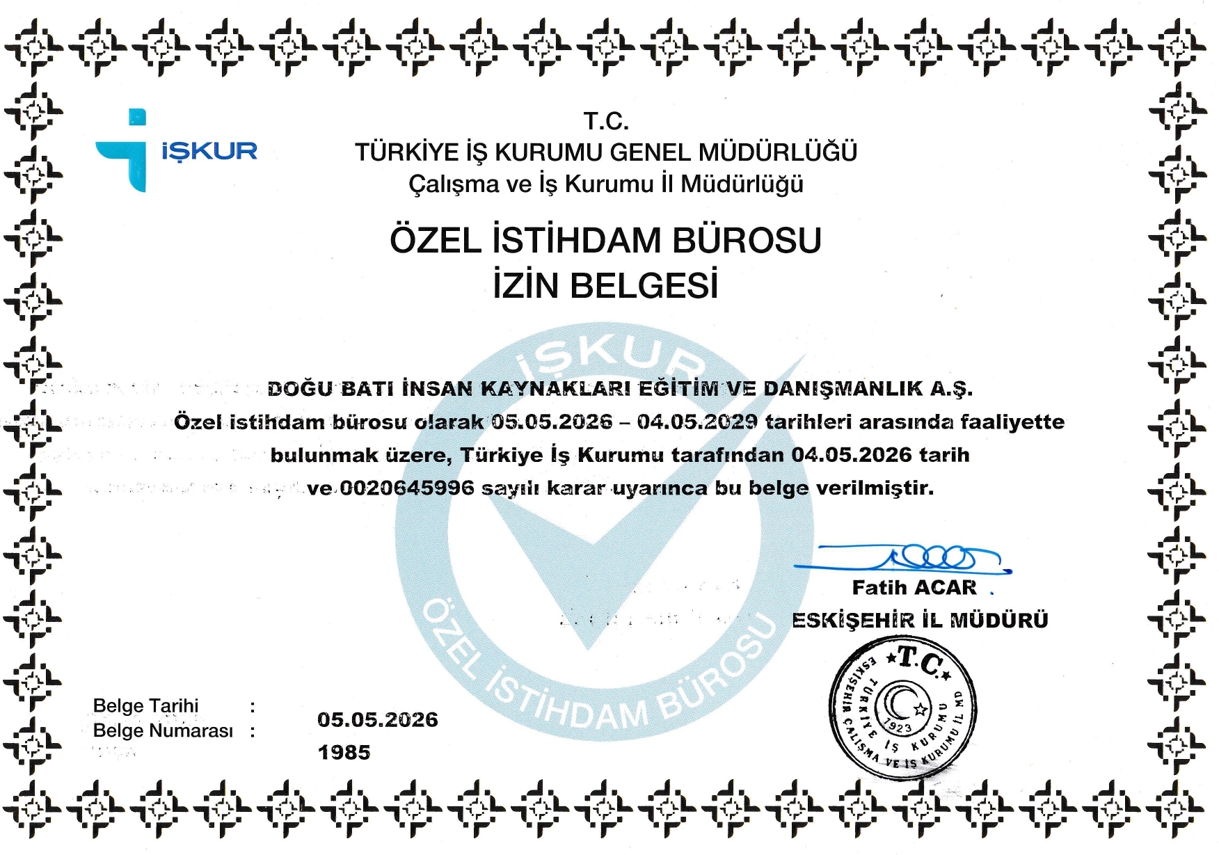 İŞKUR Özel İstihdam Bürosu İzin Belgesi